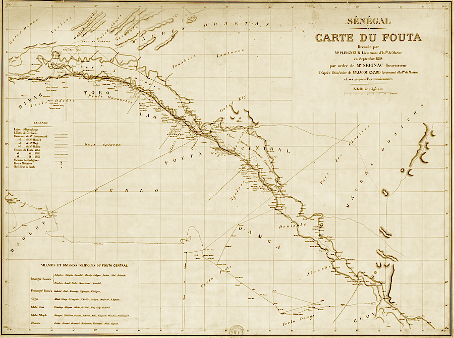 Carte du Fuuta-Tooro. Etablie en 1885 sur ordre de M. Alphonse Seignac-Lesseps, Gouverneur du S�n�gal. &mdash; webPulaaku.  Tierno S. Bah